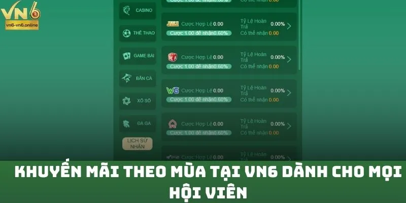 Khuyến mãi theo mùa tại VN6 dành cho mọi hội viên